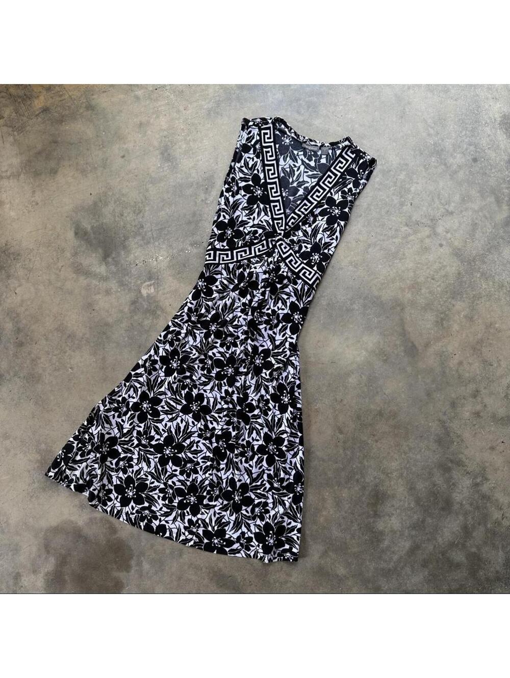 Y2K black/white floral print mini dress with Greek key border